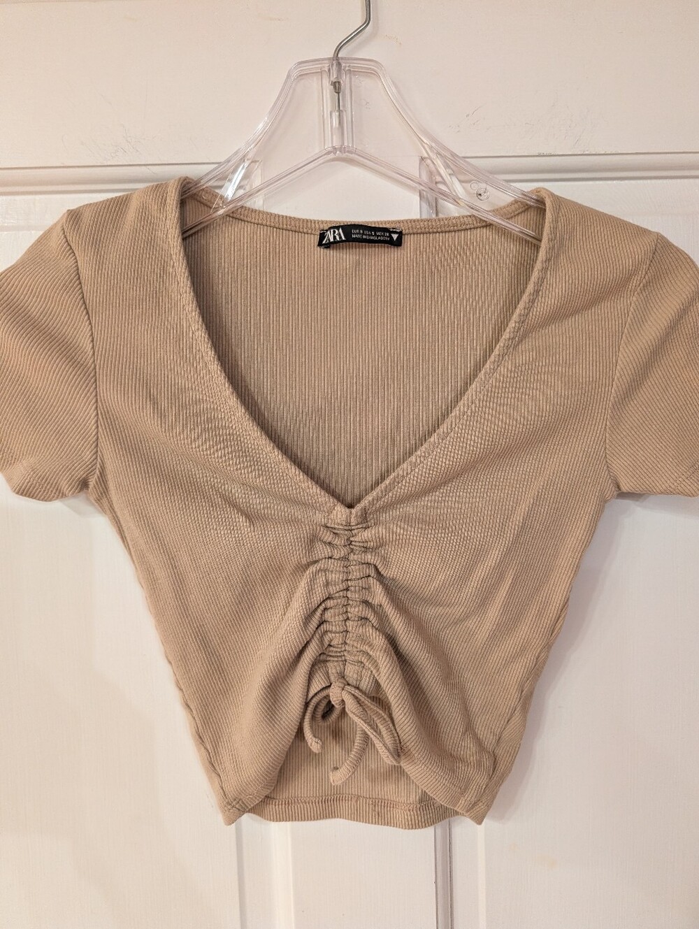 ZARA Beige Ribbed V-Neck Drawstring Ruched Crop Top Sz Small S